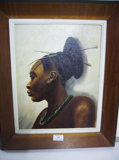 null Huile sur toile africaniste, représentant une femme Mangbetou à coiffure classique...