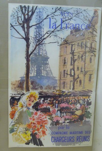 BRENET Albert Cie MARITIME DES CHARGEURS REUNIS : La Tour Eiffel, le marché aux fleurs...