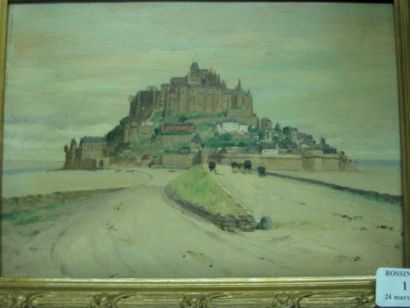 GRESSIN Henri "Le Mont Saint Michel" Huile sur panneau, étiquette au dos. 16.5 x...