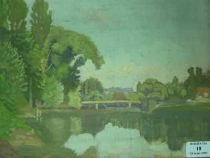 GRESSIN Henri "Vue de la Marne" Huile sur panneau, étiquette au dos. 23.2 x 33 c...