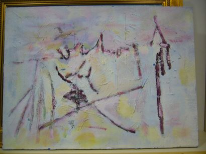 BOURGUET Fernand, 1908-1982, composition rose et balnche, peinture sur toile, non...