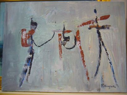 BOURGUET Fernand, 1908-1982, Personnages fond gris bleu, peinture sur toile, signé...