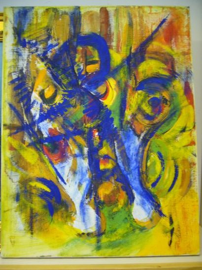BOURGUET Fernand, 1908-1982, Abstraction bleue et orangée, peinture sur toile, non...
