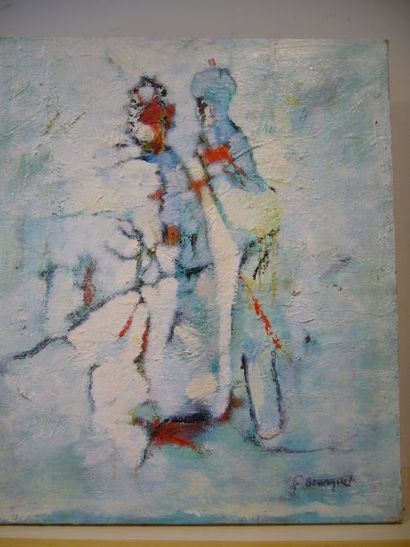 BOURGUET Fernand, 1908-1982, Personnages sur fond bleu, peinture sur toile, signée...