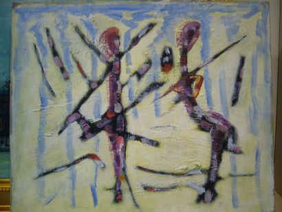 BOURGUET Fernand, 1908-1982, Combat, peinture sur toile, non signée, 46 x 55 cm.