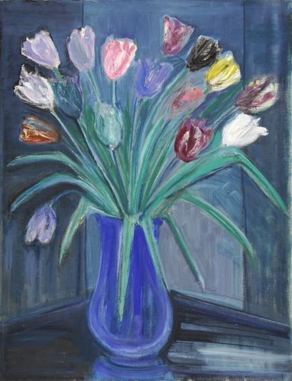 GAUTIER Jacques dit TAL'HOUARN, 1902-1995, Vase bleu aux tulipes, huile sur toile,...
