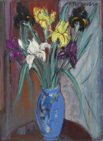 GAUTIER Jacques dit TAL'HOUARN, 1902-1995, Iris au vase bleu, huile sur isorel, signé...