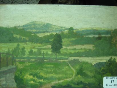 GRESSIN Henri "Paysage" Huile sur panneau, étiquette au dos. 15.5 x 24 cm