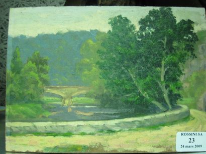 GRESSIN Henri "Paysage au pont" Huile sur panneau, étiquette au dos. 15.6 x 22 c...