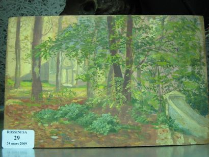 GRESSIN Henri "Sous bois" Huile sur panneau, étiquette au dos. 15.6 x 24 cm