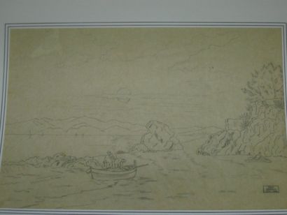GRESSIN Henri "Pêcheur en Méditerranée" Mine de plomb Cachet 29.3 x 44 cm