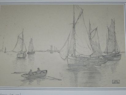 GRESSIN Henri "Bateaux" Crayon sur papier Cachet 28.5 x 43 cm