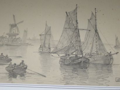 GRESSIN Henri "DORDRECHT" Crayon sur papier Cachet 29 x 41 cm