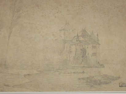 GRESSIN Henri "Lac LEMAN, Château de CHILLON" Dessin au crayon (piqures) Cachet 28.7...