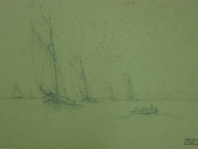 GRESSIN Henri "Bateaux en mer" Dessin au crayon noir Cachet 29 x 40 cm (piqures)