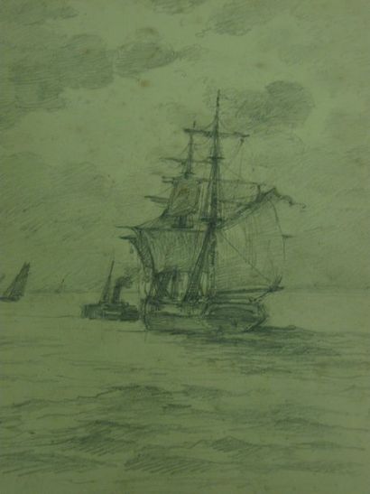 GRESSIN Henri "Trois-mâts en haute mer" Dessin au crayon noir Cachet 29 x 39.7 cm...
