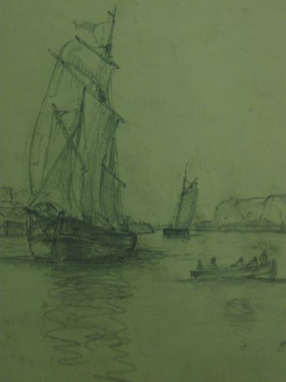 GRESSIN Henri "L'entrée du port" Dessin au crayon noir Cachet 40 x 29.2 cm