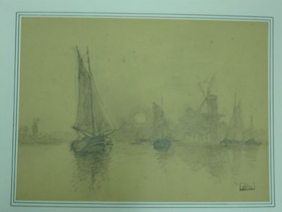 GRESSIN Henri "L'ESCAUT" Dessin au crayon gras Cachet 29 x 40 cm