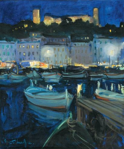 KISLAKOFF Serge, 1897 -1980 Le port de Cannes la nuit Huile sur toile, signee en...
