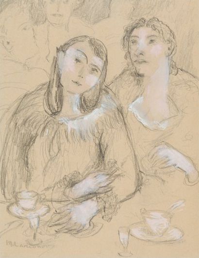 LARIONOV Mikhail, 1881 -1964 Deux femmes au cafe Dessin a la mine de plomb rehausse...