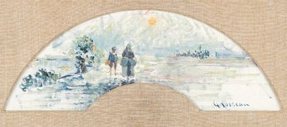 LOISEAU Gustave, 1865 -1935 Femme et enfant a l'aube Huile sur toile en forme d'eventail,...