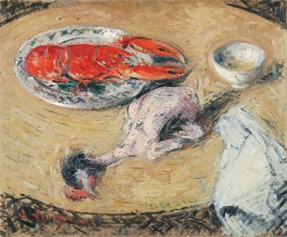 LOISEAU Gustave, 1865 -1935 Homard et poulet Huile sur carton maroufle sur panneau,...