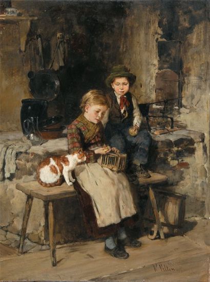 VELTEN Wilhelm, 1847-1929 Les enfants a la cage Huile sur panneau, signe en bas a...