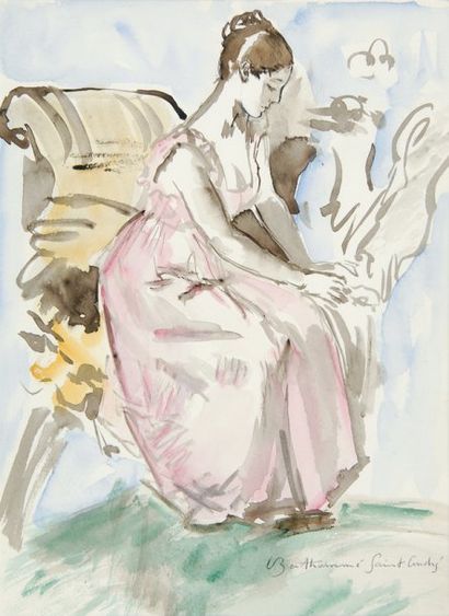 BERTHOMME SAINT-ANDRE Louis, 1905 -1977 La robe rose, jeune femme assise Aquarelle,...