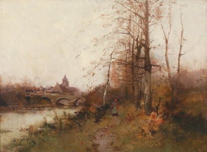 Eugène GALIEN-LALOUE Automne, paysanne au bord de rivière Huile sur toile (restaurations),...