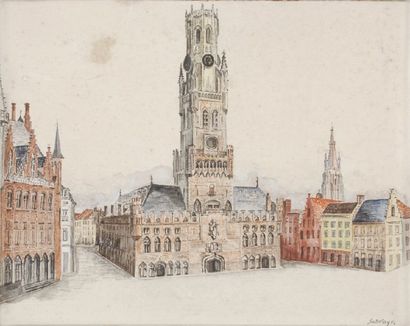 Léopold SURVAGE Le beffroi de Bruges Peinture sur panneau (taches), signé en bas...