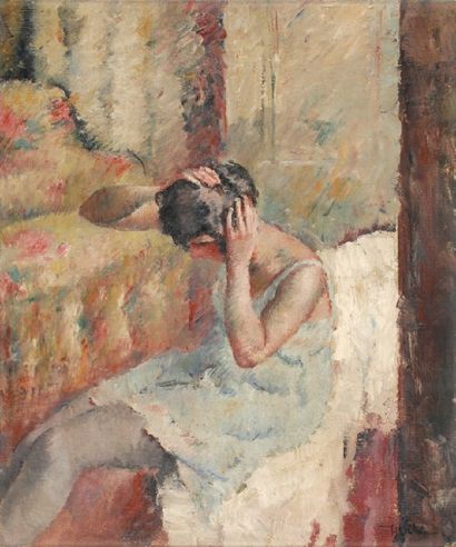 Henri FEHR Jeune femme faisant son chignon Huile sur toile (traces de craquelures),...