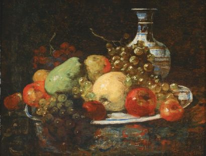 François F.Miel dit VERNAY Plat de fruits et carafe Huile sur panneau (usures et...