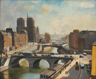 Georges DAREL La Seine et les quais près de Notre-Dame, 1929 Huile sur toile, signee...