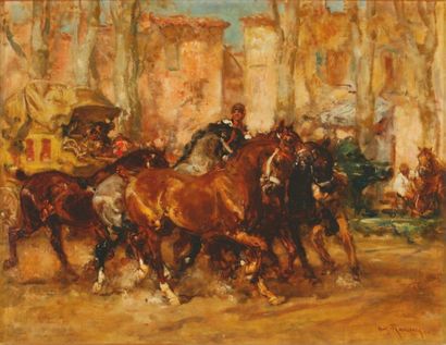 Henri ROUSSEAU Palfrenier conduisant des chevaux à la fontaine Huile sur toile (restaurations),...