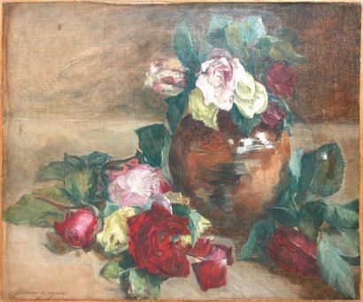 Jeanne Guérard GONZALES Jeté et bouquet de roses Huile sur toile rentoilee (restaurations),...