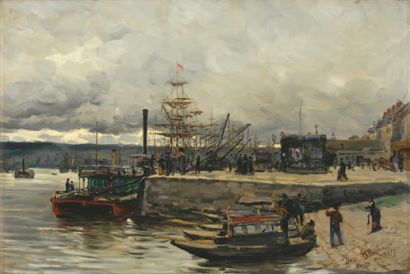 Henri SAINTIN Quai animé à Rouen, mai 1874 Huile sur toile (petites restaurations),...