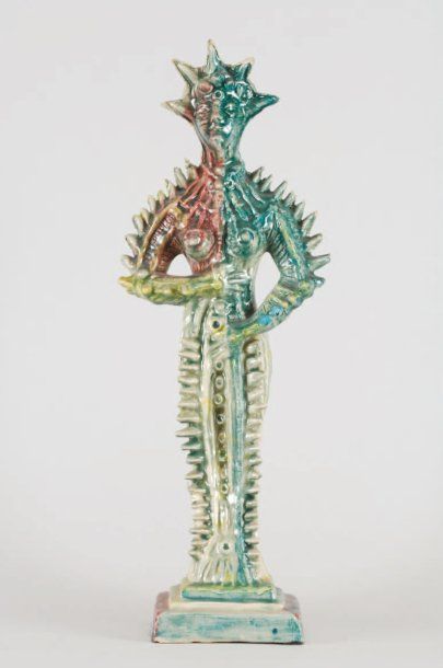 CARZOU (1907-2000) Figure couronnée, 1978 Sculpture en ceramique a glacure polychrome...