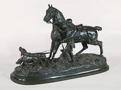 Pierre LENORDEZ (1815- 1892) Piqueur tenant un cheval et deux chiens Groupe en bronze...