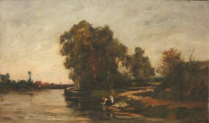 Hippolyte-Camille DELPY Lavandières au bord de rivière Huile sur toile, signée en...