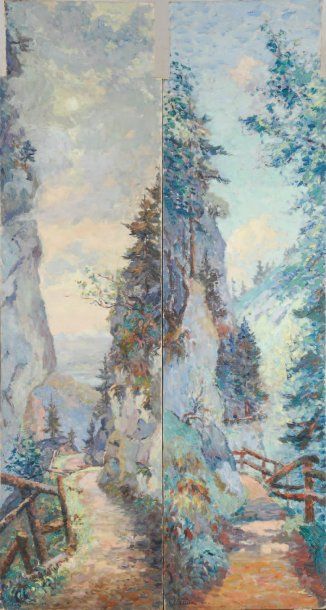 Emmanuel de LA VILLEON Chemins de montagne, 1902 Deux huile sur toiles formant pendants...