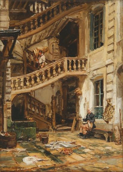 Edmée Émile LABORNE Vieille cour et escalier Huile sur toile, signée en bas à gauche,...