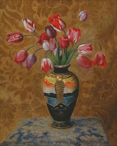 Giuseppe CALVI Bouquet de tulipes Huile sur panneau, signé en bas à droite, 70 x...