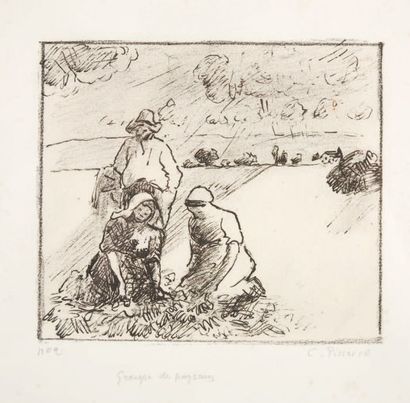 CAMILLE PISSARRO Groupe de paysans, Vers 1899. (Delteil 188). 11,5 x13cm. Lithographie...