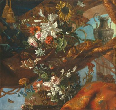 Arthur CHAPLIN Composition aux corbeilles fleuries Huile sur toile rentoilée (usures...