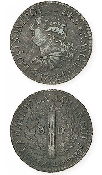 null CONSTITUTION (1791- 1792). 3 deniers "François ", 1792 Lyon, an 4. G 5. TTB