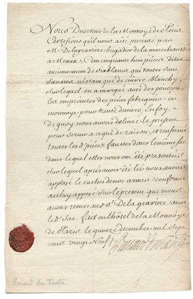 RENARD du TASTA. Attestation datée du 15/12/1729 avec signature autographe du directeur...