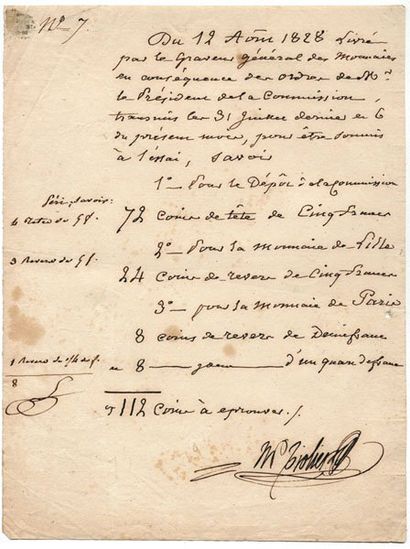 TIOLIER. Bordereau 12août1828 avec signature autographe du Graveur Général des Monnaies...