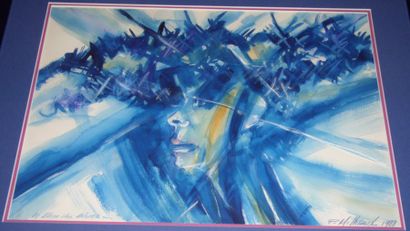 null aquarelle de P.Milhaud 1988 « le bleu du blues » 50 x 36 cm
