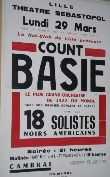 null 3 affiches (texte) Hot Club 32 x 59 cm entoilées : Lille « Count Basie » - Bordeaux...