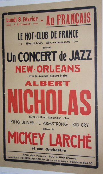 null 3 affiches Hot-Club (texte) Albert Nicholas : à Bordeaux - à Lille 40 x 60 cm...